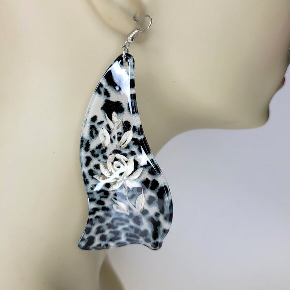 Dark Blue Leopard Print Resin Big Dangle Earrings Bluish Black Long Earrings - Picture 2 of 8